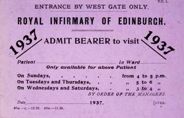 Royal Infirmary of Edinburgh visitor's card, 1937