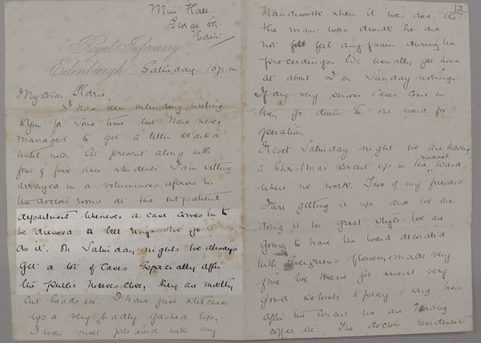 Letter by Eva Lyon, medical student, Royal Infirmary of Edinburgh, c.1904