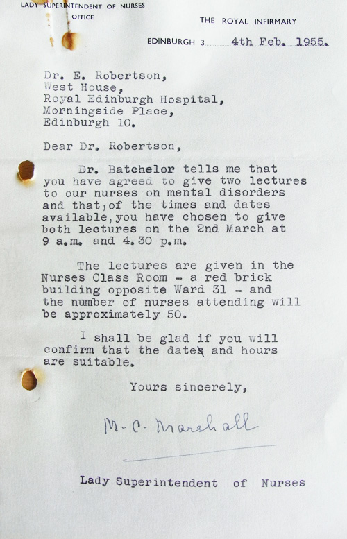 Letter to Dr Robertson confirming her lectures to student nurses, 1955