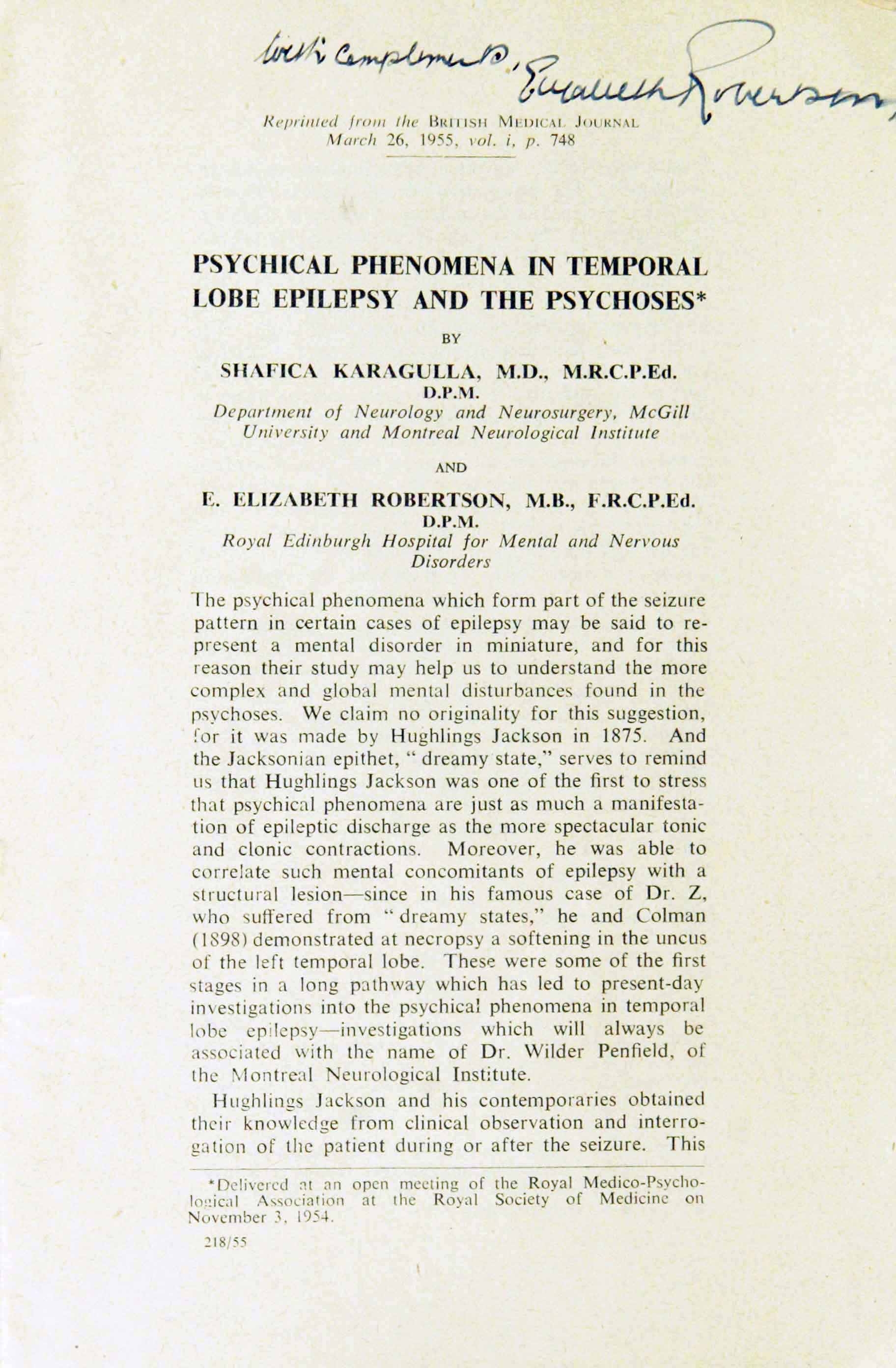 First page of Dr Robertson's article on epilepsy, 1955