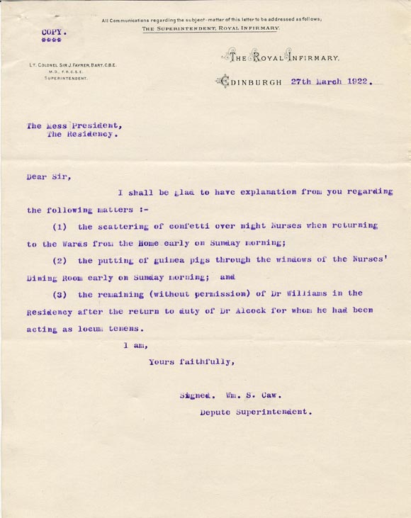 Letter to Royal Infirmary of Edinburgh Residency Mess President, 1922.  [LHB1 Admin Files, Box 1, 1919]